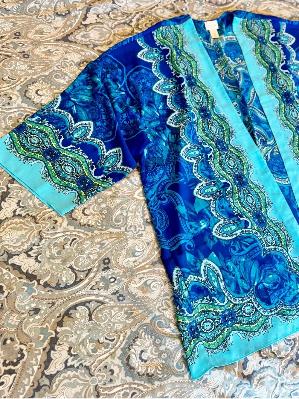 CHICO’S Silky Turquoise & Blue Paisley Medallion Open-Front Kimono Wrap Cardigan